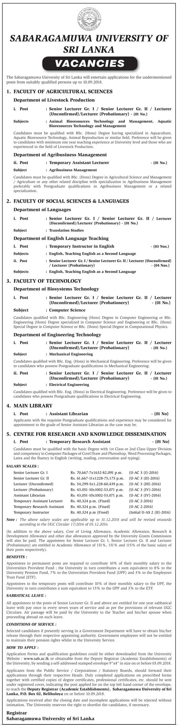 Senior Lecturer, Lecturer, Temporary Assistant Lecturer, Temporary Instructor, Assistant Librarian, Temporary Research Assistant - Sabaragamuwa University of Sri Lanka